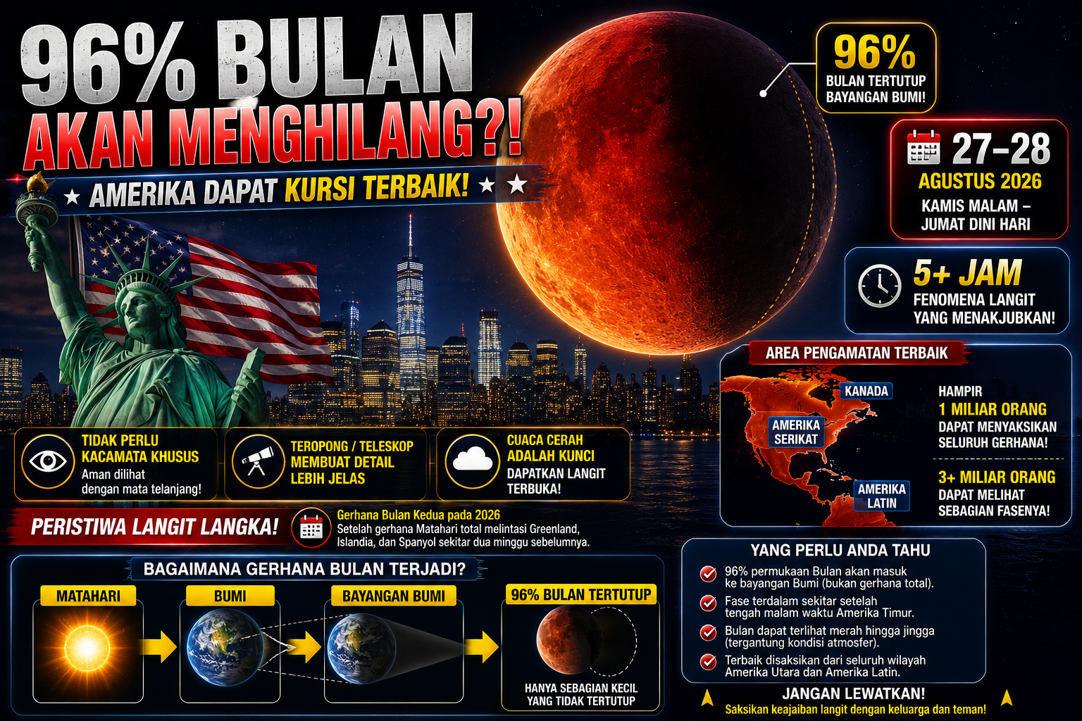 Amerika Bersiap Saksikan 96 Persen Bulan Menghilang dalam Bayangan Bumi