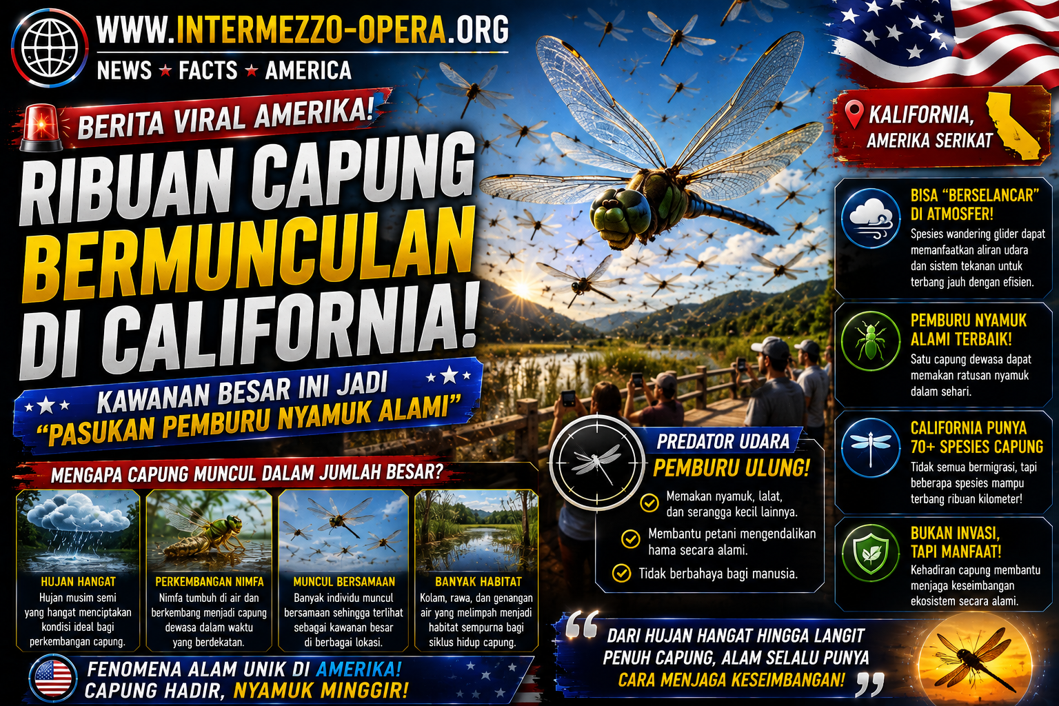 Ribuan Capung Bermunculan di California, Kawanan Besar Ini Ternyata Jadi “Pasukan Pemburu” Nyamuk Alami