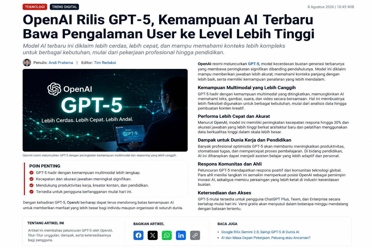 OpenAI Rilis GPT-5, Kemampuan AI Terbaru Bawa Pengalaman Pengguna ke Level Lebih Tinggi