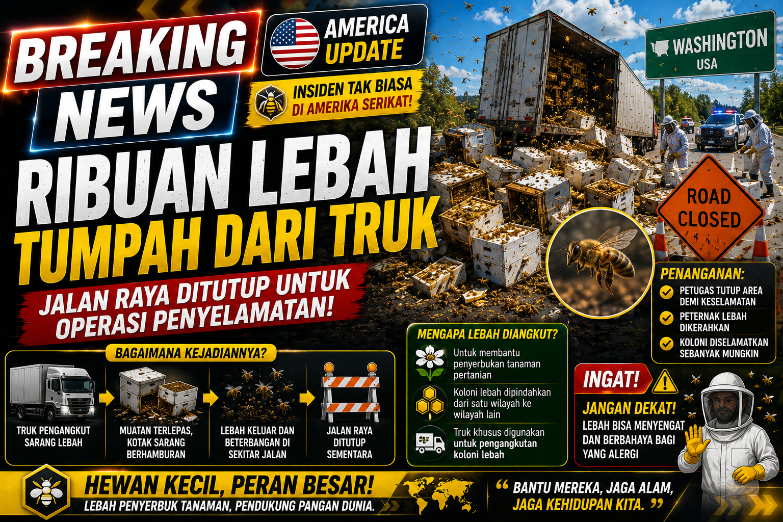 Ribuan Lebah Tumpah dari Truk di Washington, Jalan Raya Sempat Ditutup untuk Operasi Penyelamatan