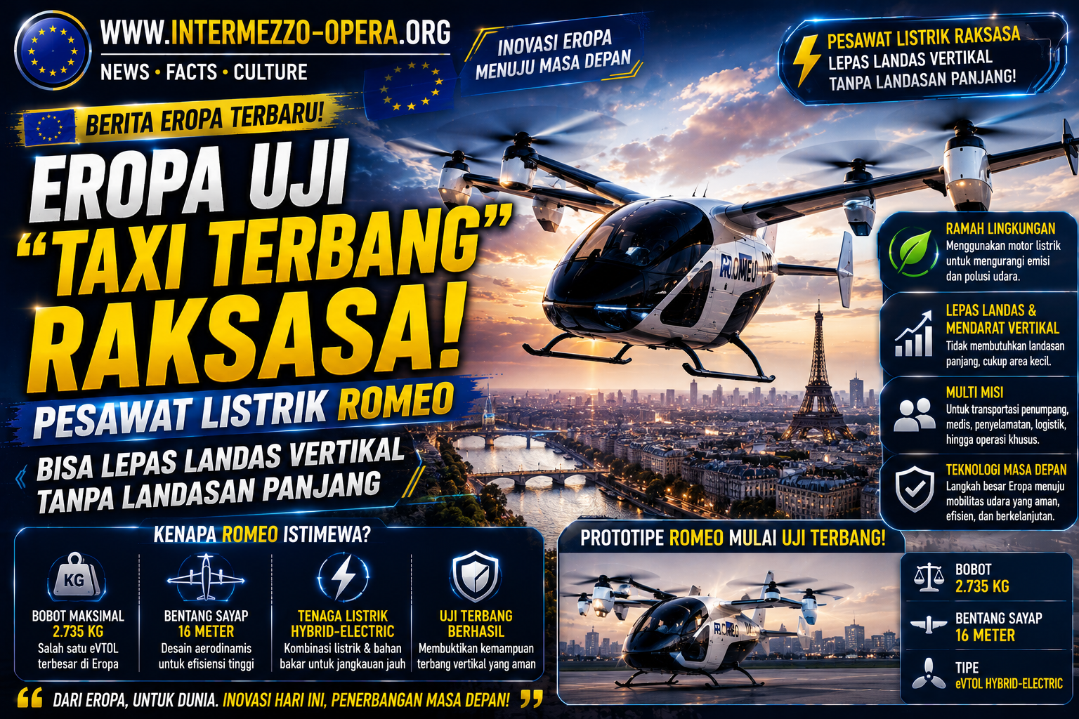 Eropa Uji “Taksi Terbang” Raksasa, Pesawat Listrik Romeo Bisa Lepas Landas Vertikal Tanpa Landasan Panjang