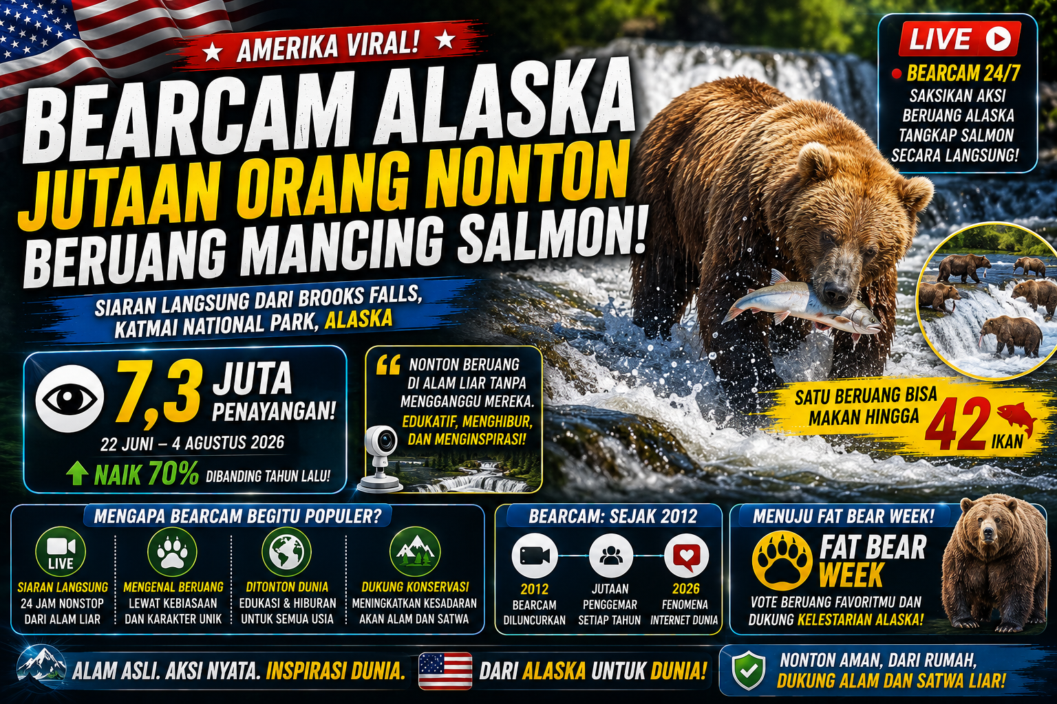 Jutaan Orang Nonton Beruang Alaska Mancing Salmon Secara Live, “Bearcam” Jadi Fenomena Internet 2026