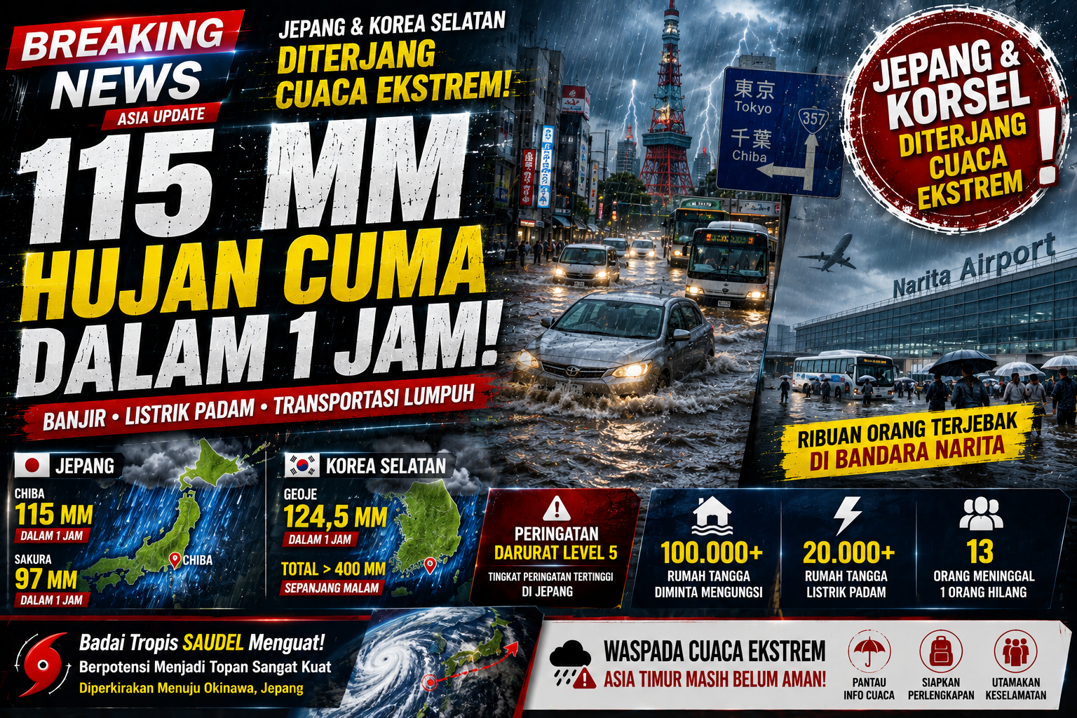 Hujan Ekstrem Hantam Jepang dan Korea Selatan, 115 Mm Turun Hanya dalam Satu Jam