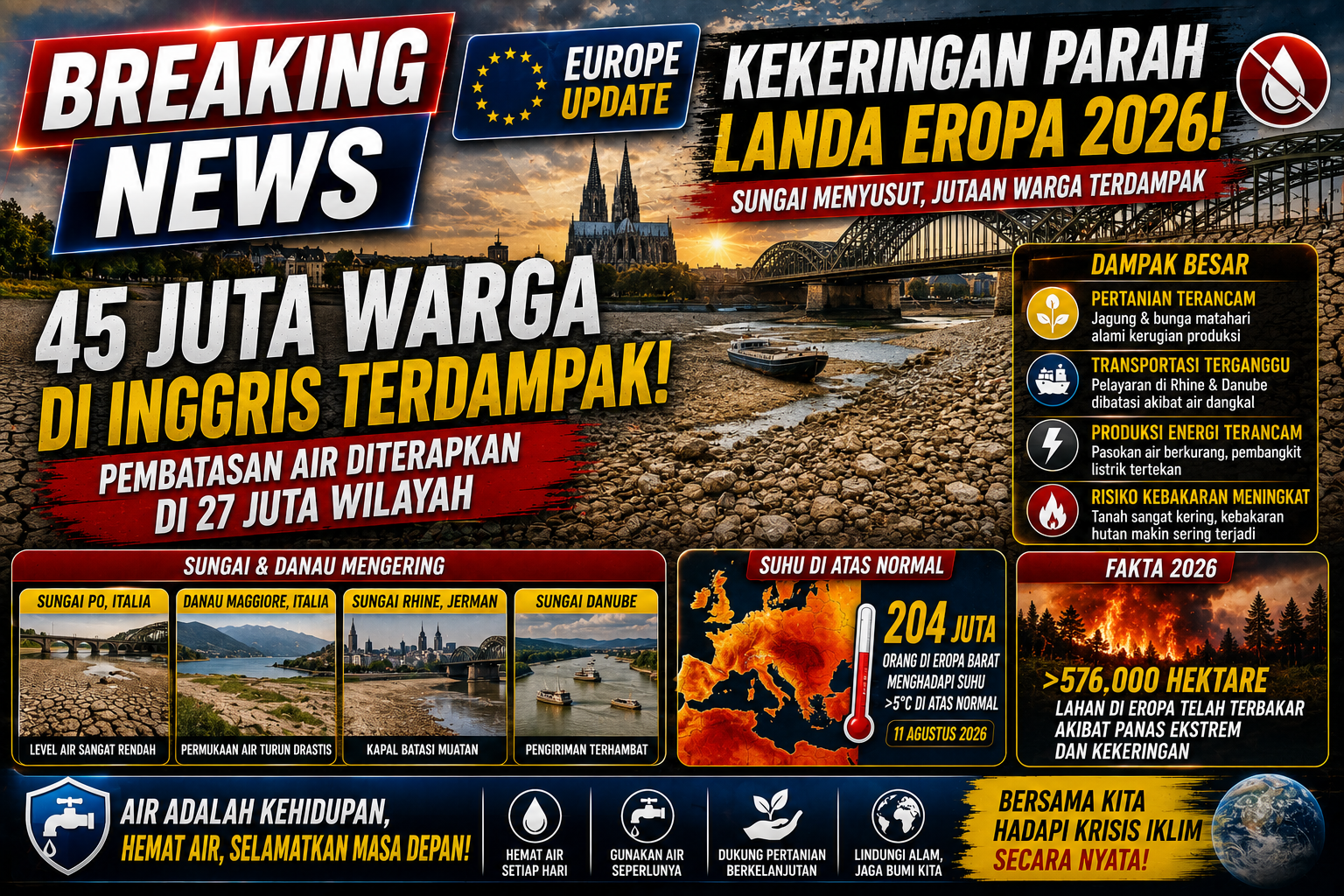 Kekeringan Parah Mengubah Wajah Eropa, 45 Juta Warga Inggris Terdampak dan Sungai Besar Mulai Menyusut