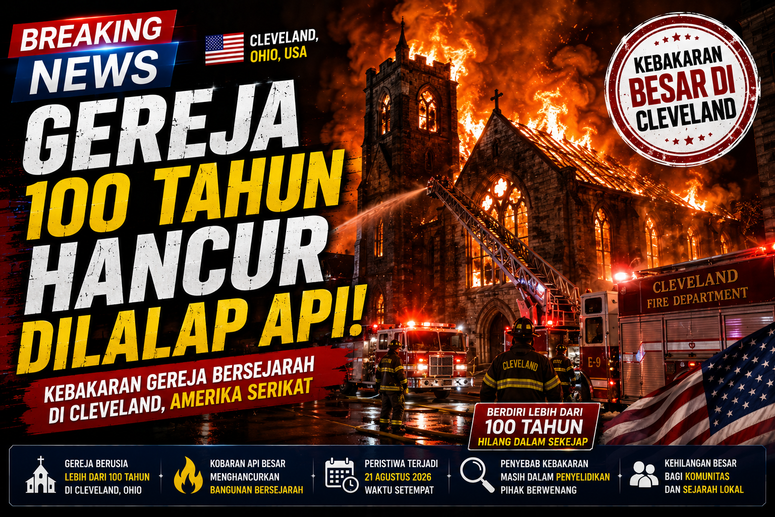 Gereja Berusia Lebih dari 100 Tahun di Cleveland Hancur Dilalap Kebakaran Besar
