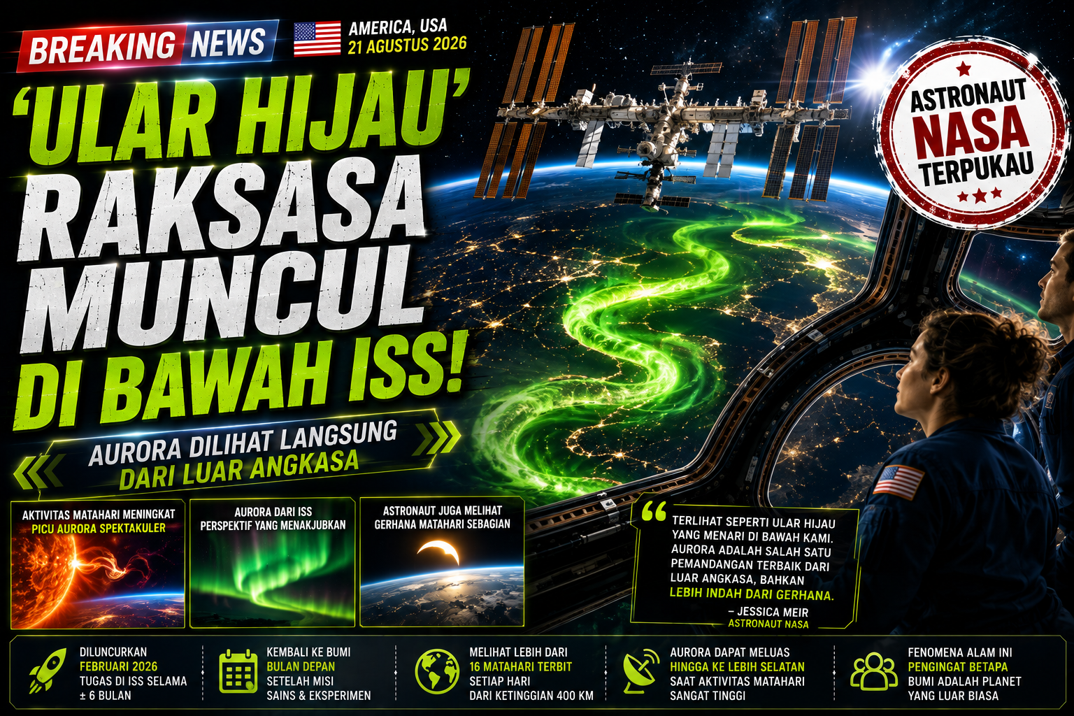 Aurora Seperti “Ular Hijau” Muncul di Bawah ISS, Astronaut NASA Terpukau dari Luar Angkasa