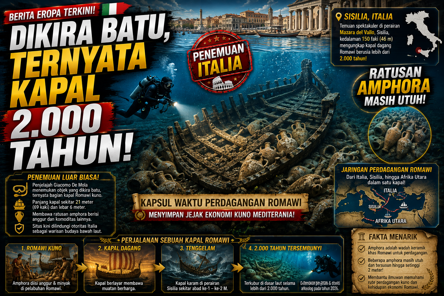 Dikira Batu, Penyelam Malah Temukan Kapal Romawi 2.000 Tahun di Dasar Laut Italia