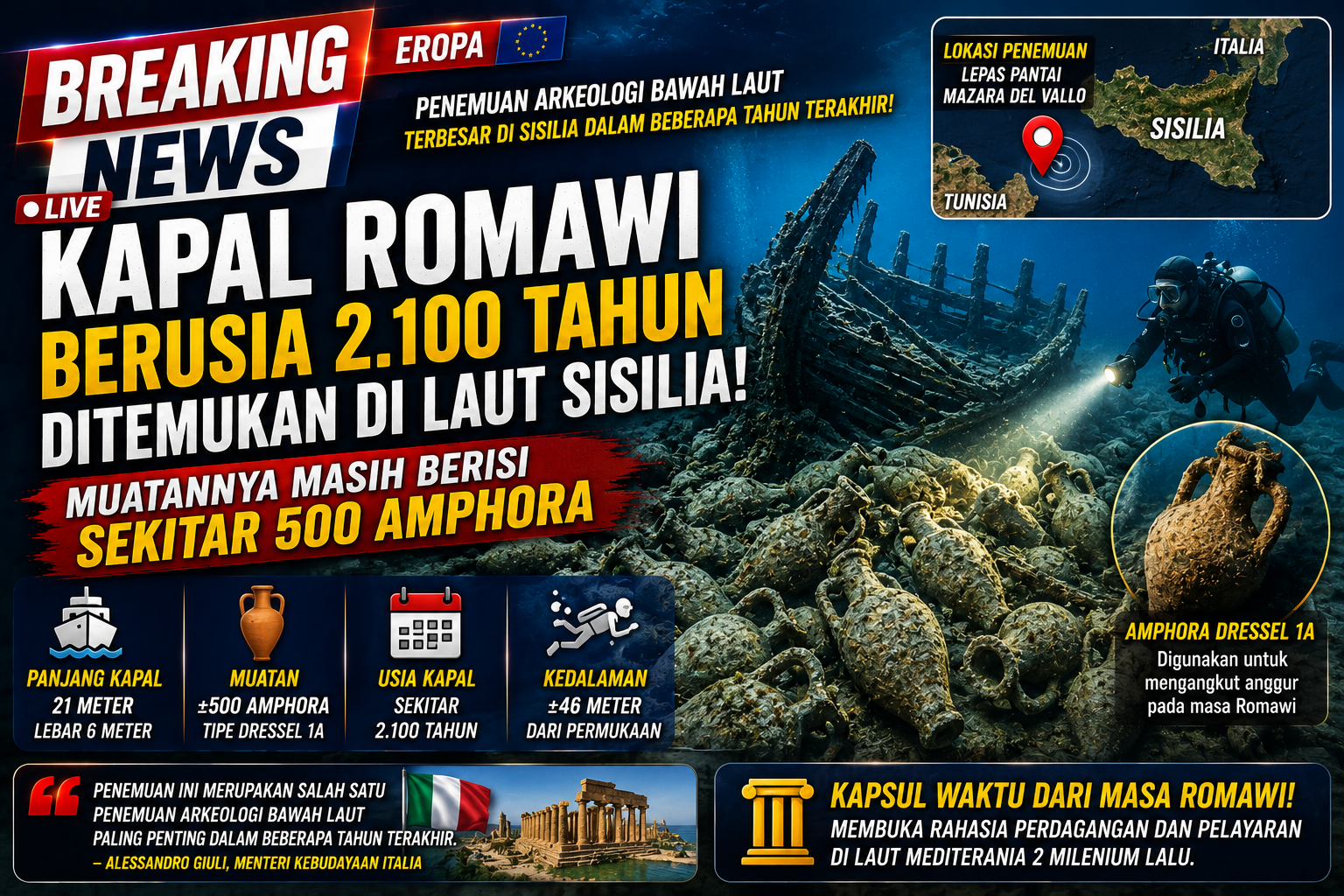 Kapal Romawi Berusia 2.100 Tahun Ditemukan di Laut Sisilia, Muatannya Masih Berisi Sekitar 500 Amphora