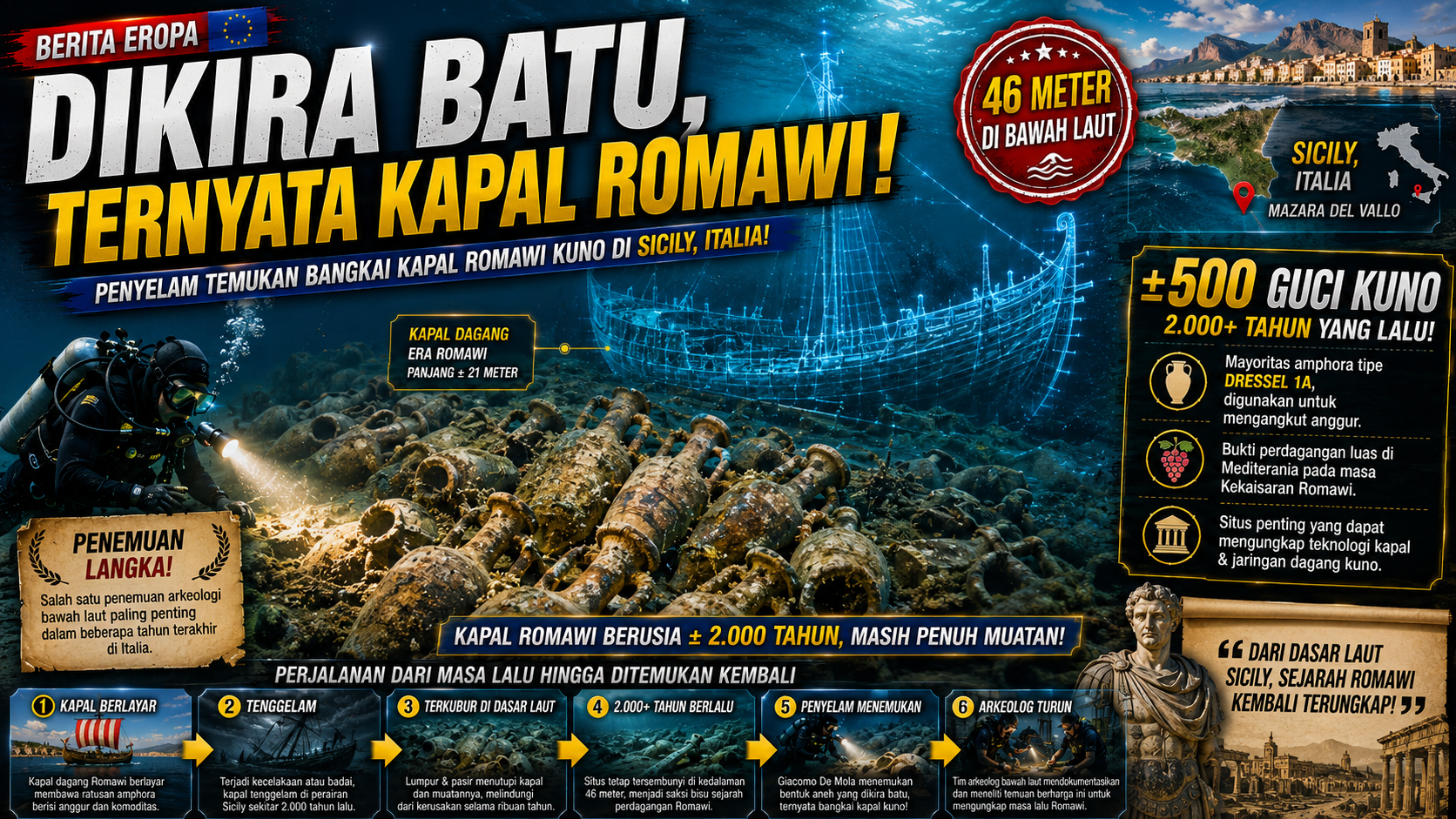 Kapal Romawi Kuno Ditemukan di Sicily, Bawa 500 Guci Berusia 2.000 Tahun