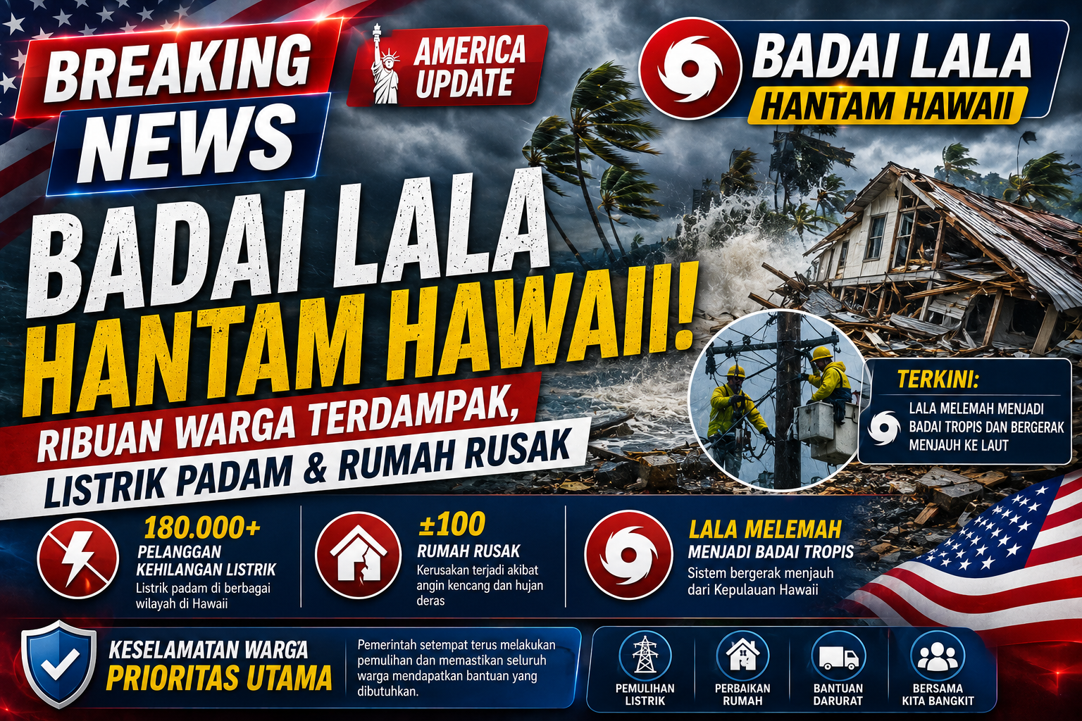 Badai Lala Hantam Hawaii, Lebih dari 180 Ribu Pelanggan Kehilangan Listrik dan 100 Rumah Rusak