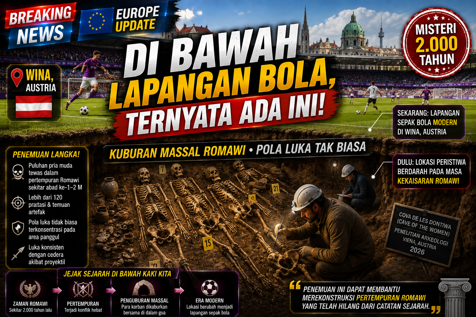Kuburan Massal Romawi di Bawah Lapangan Bola Wina Ungkap Misteri Pertempuran 2.000 Tahun Lalu