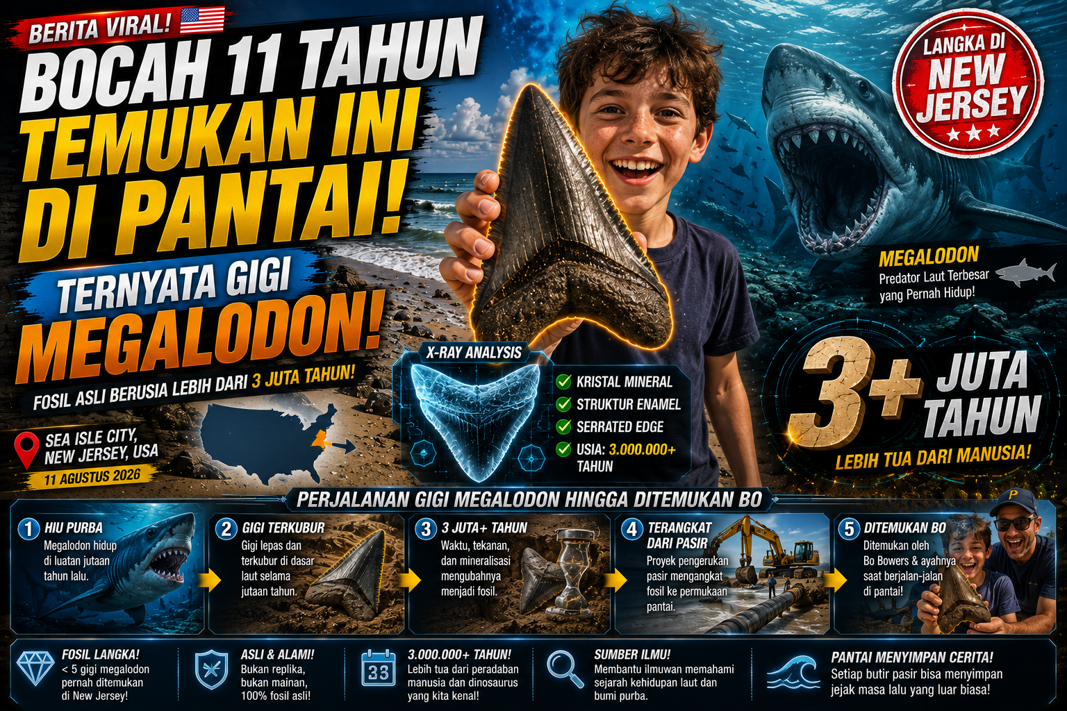 Bocah 11 Tahun Temukan Gigi Megalodon Raksasa di Pantai Amerika