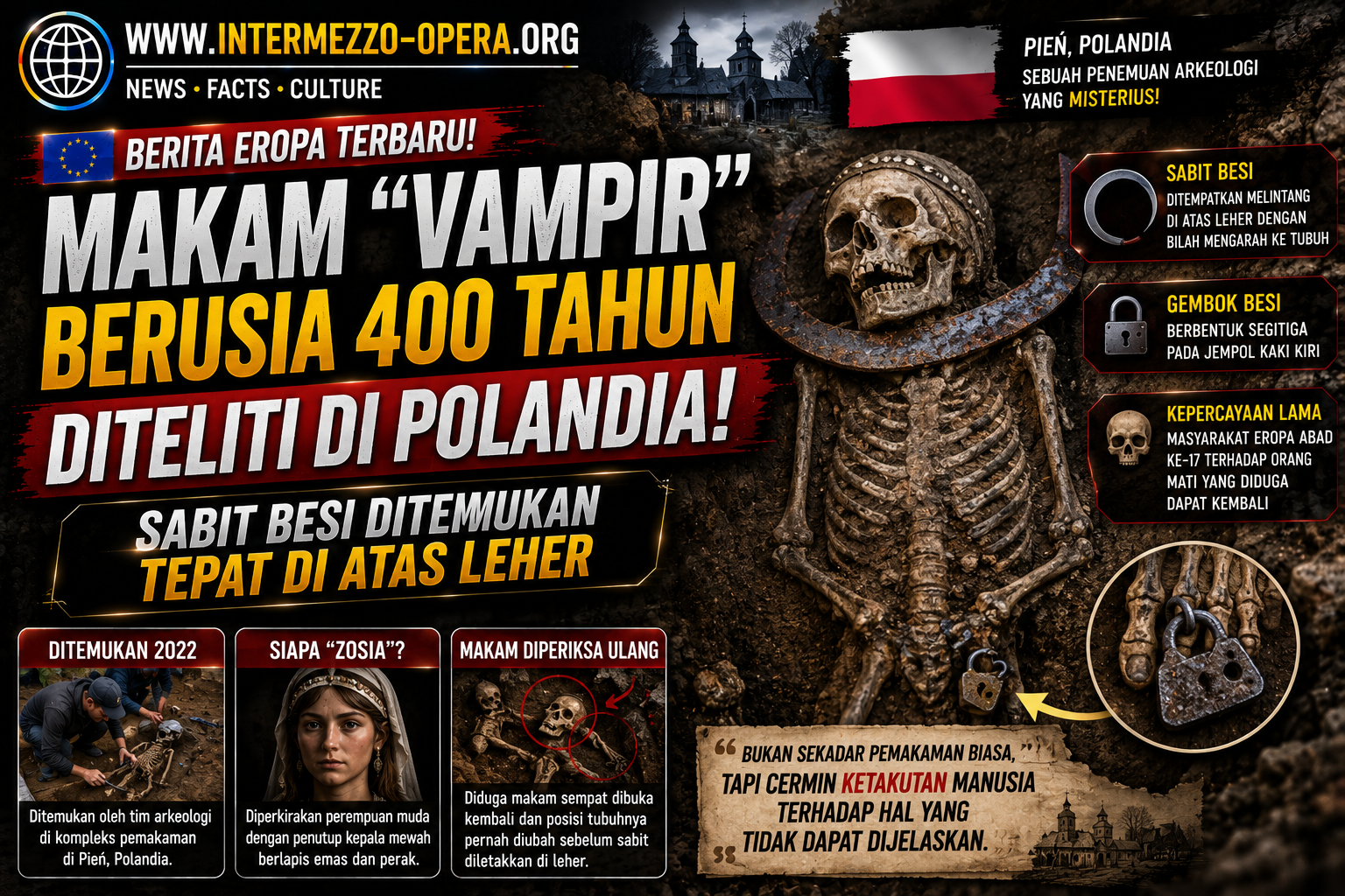 Makam “Vampir” Berusia 400 Tahun Diteliti di Polandia, Sabit Besi Ditemukan Tepat di Atas Leher