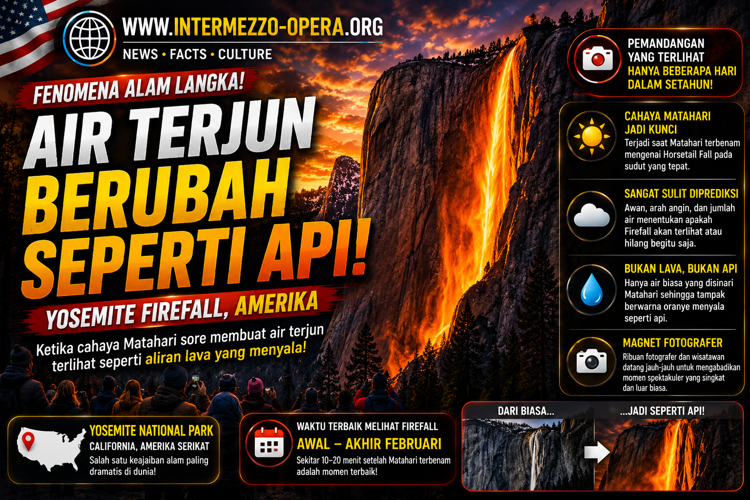 Air Terjun di Amerika Bisa Berubah Seperti Api, Fenomena “Firefall” Bikin Tebing Yosemite Menyala Oranye