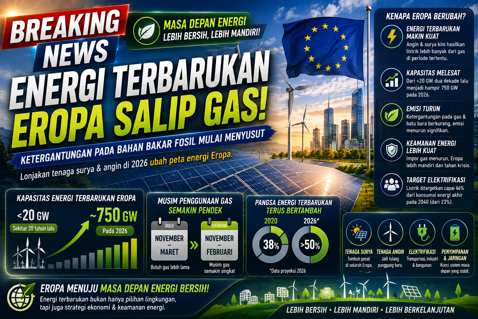 Energi Terbarukan Eropa Salip Pembangkit Gas, Ketergantungan pada Bahan Bakar Fosil Mulai Menyusut