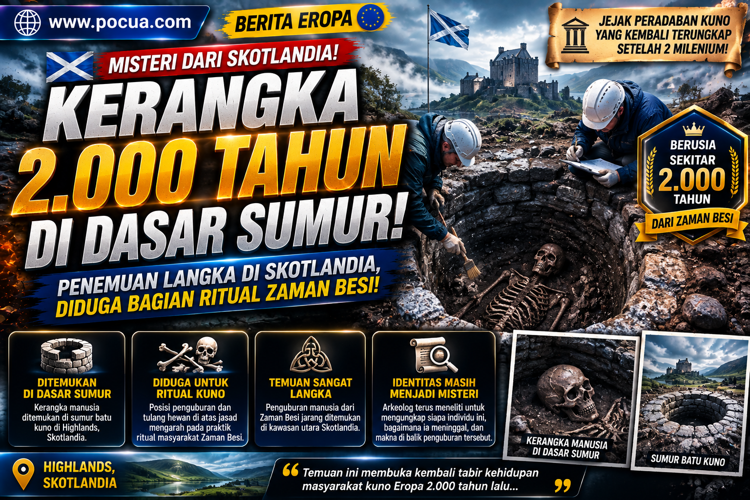 Kerangka 2.000 Tahun Ditemukan di Dasar Sumur Skotlandia, Diduga Bagian Ritual Misterius Zaman Besi