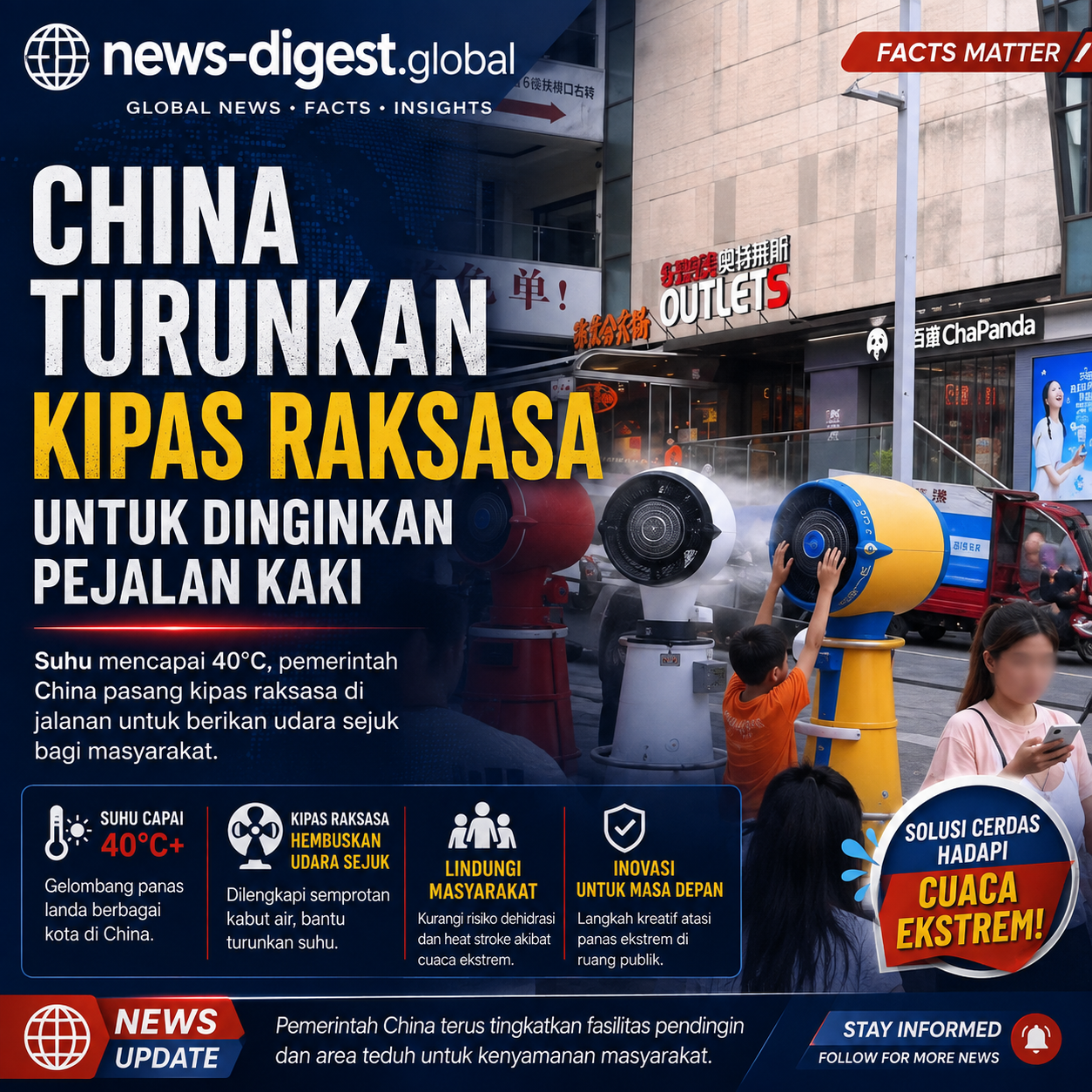 China Pasang Kipas Raksasa di Jalanan Saat Suhu Tembus 40 Derajat Celsius