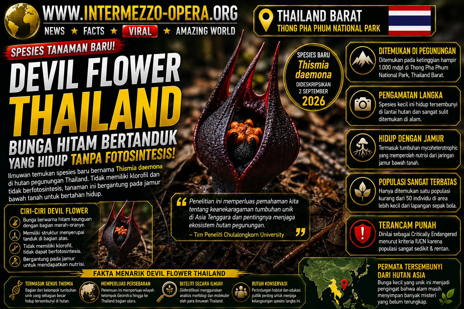 Devil Flower Thailand Ditemukan, Bunga Hitam Bertanduk Ini Hidup Tanpa Fotosintesis