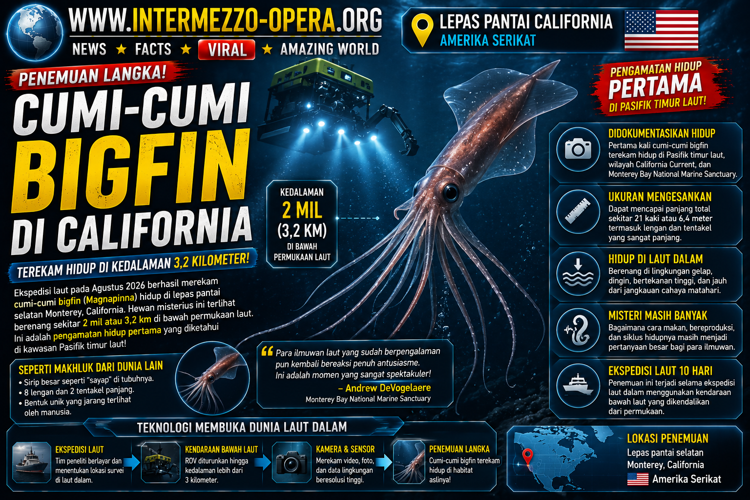 Cumi-Cumi Bigfin di California Terekam Hidup di Kedalaman 3,2 Kilometer