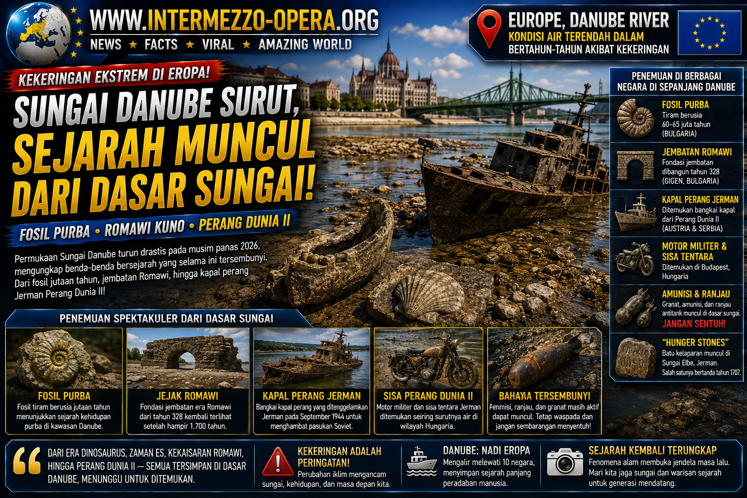 Sungai Danube Surut Drastis, Fosil Purba hingga Kapal Perang Perang Dunia II Muncul dari Dasar Sungai