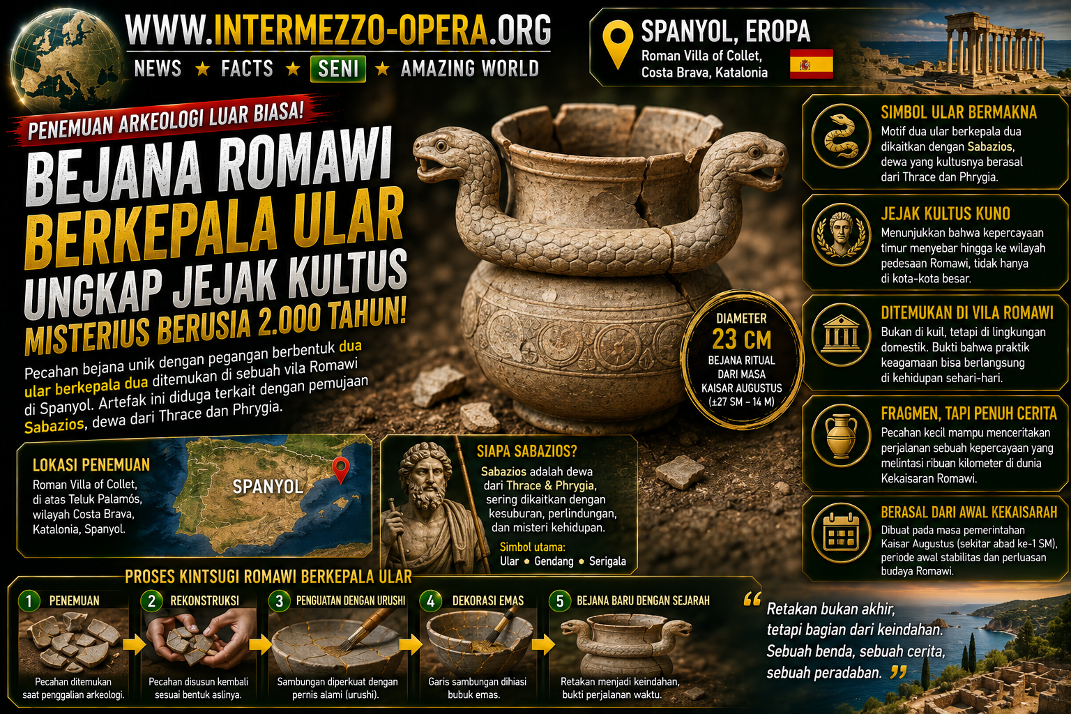 Bejana Romawi Berkepala Ular Ditemukan di Spanyol, Ungkap Jejak Kultus Misterius Berusia 2.000 Tahun
